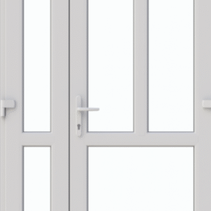 Ușă termopan de intrare dublă 125/205 cm, profil PVC Ramplast, 2 canate, deschidere dreapta, montant vertical + montant orizontal